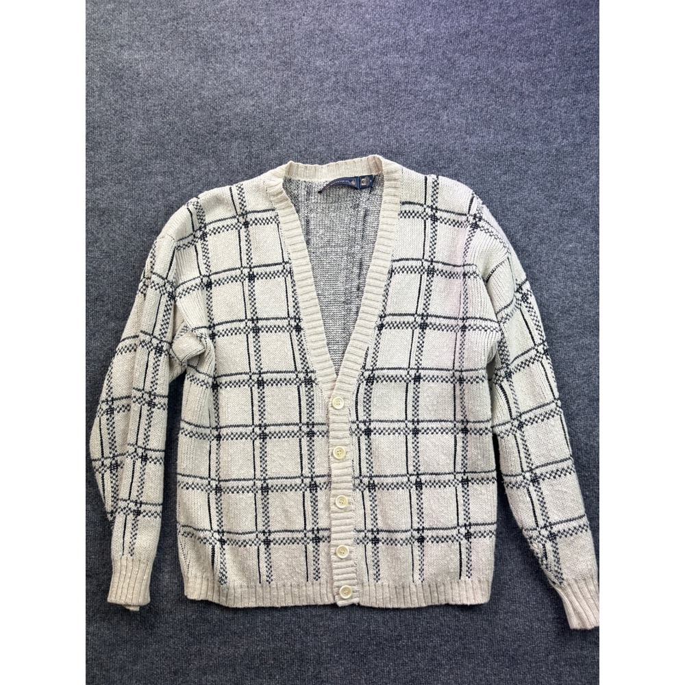 Vintage Crossings Cardigan Sweater Mens Medium‎ Cream Black Plaid Cotton USA